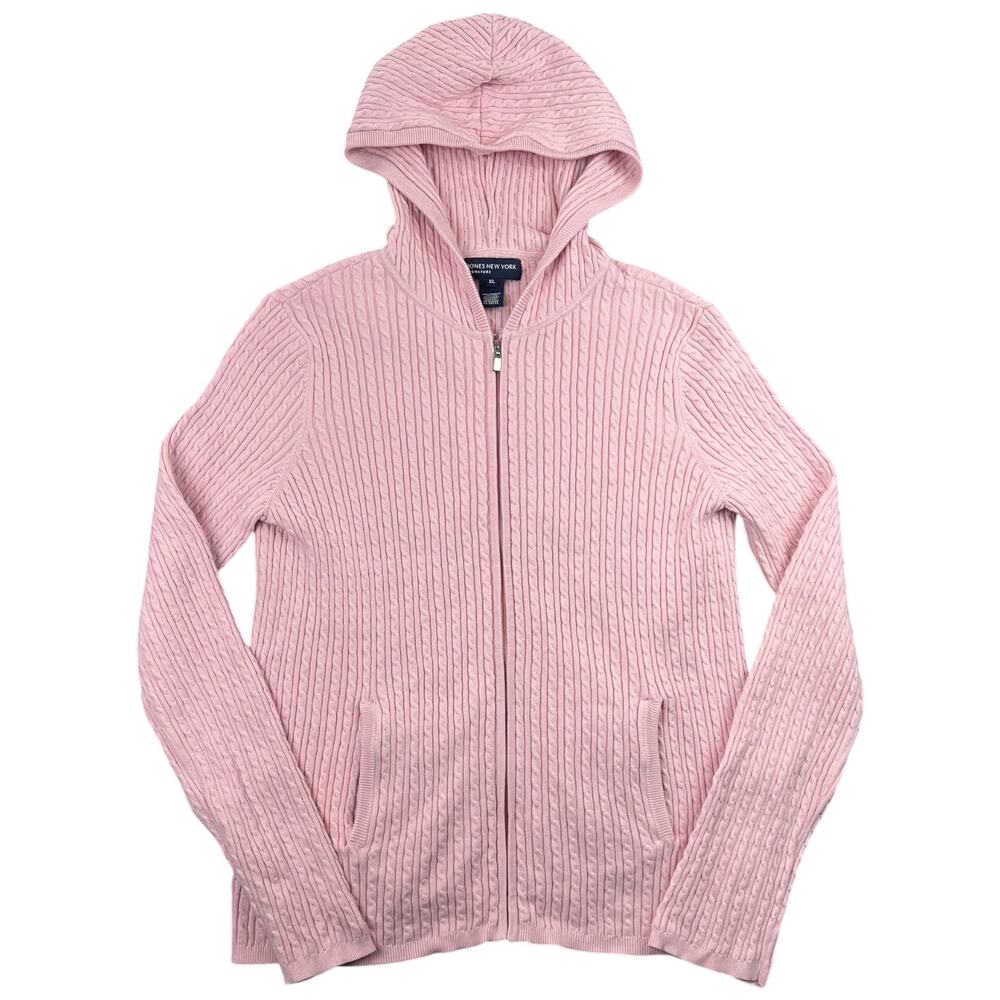Jones New York Pink Cable Knit Zip Up Hoodie Sweater Cotton Blend Preppy - XL